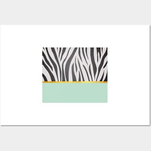 Black and white zebra print on green, golden lining Posters and Art